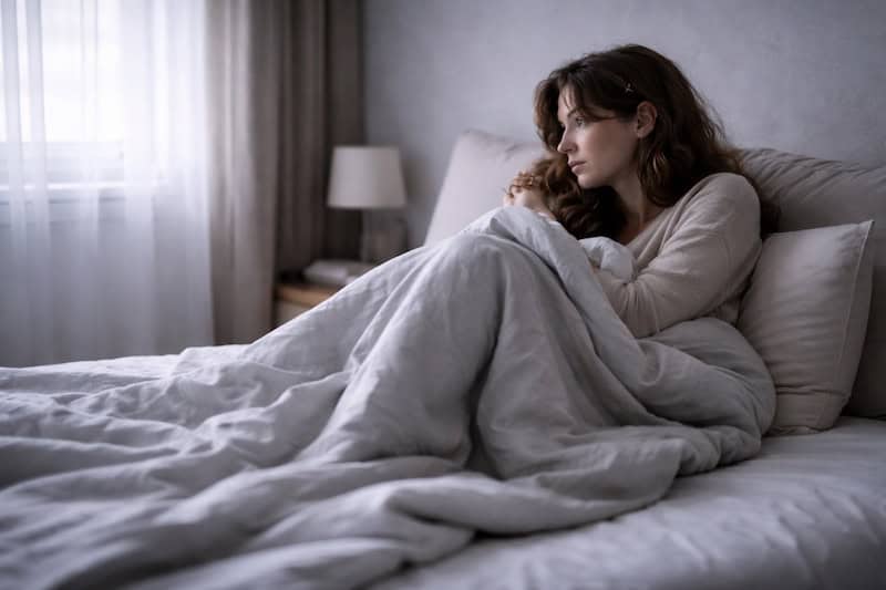 lit-refuge-retrait-du-monde Personne allongée sur un lit, enveloppée dans une couette et regardant vers la fenêtre, illustrant le lit comme refuge et un retrait temporaire du monde.