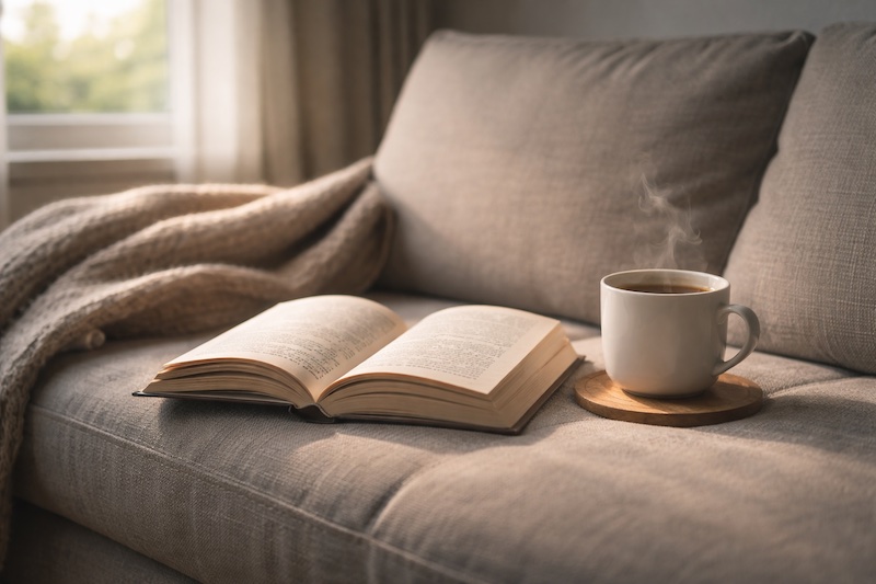 livre-the-moment-calme Livre ouvert posé sur un canapé à côté d’une tasse de thé, éclairé par une lumière douce d’après-midi, évoquant un moment de calme et de simplicité.