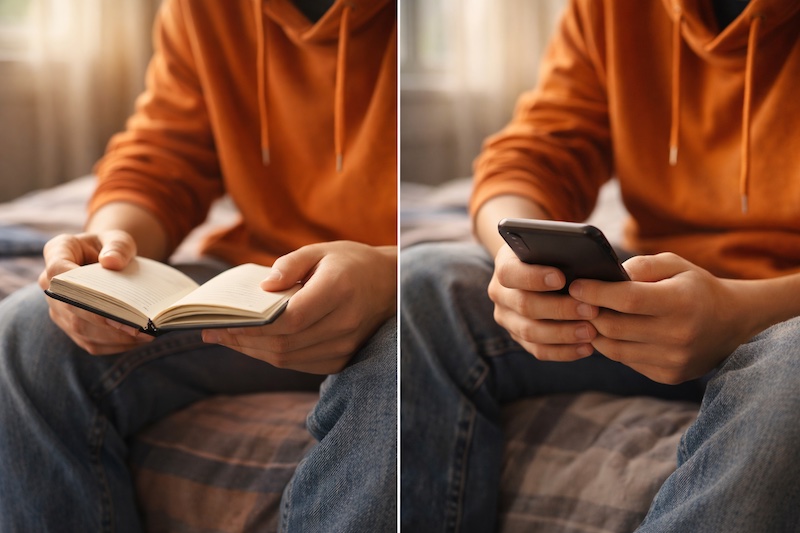 mains-ado-journal-telephone Gros plan sur les mains d’un adolescent tenant un journal intime ou un téléphone, dans une atmosphère calme et introspective.