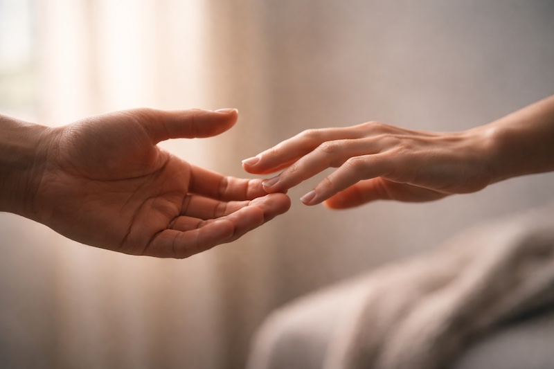 mains-connexion-aide-mutuelle Deux mains se tendant l’une vers l’autre dans une lumière douce, symbolisant la connexion humaine et l’aide mutuelle.