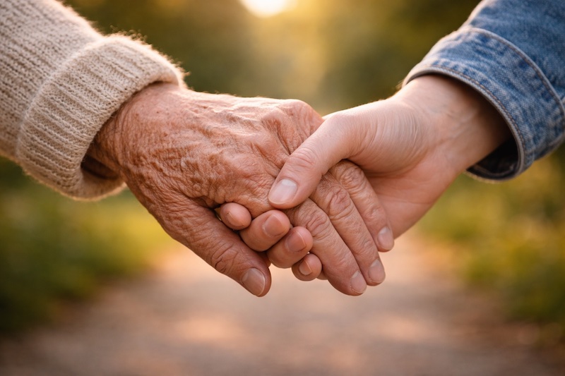 mains-soutien-travers-temps-sp Deux mains qui se tiennent fermement, l’une légèrement marquée par le temps et l’autre plus jeune, symbolisant le soutien durable et la solidarité face à la sclérose en plaques.