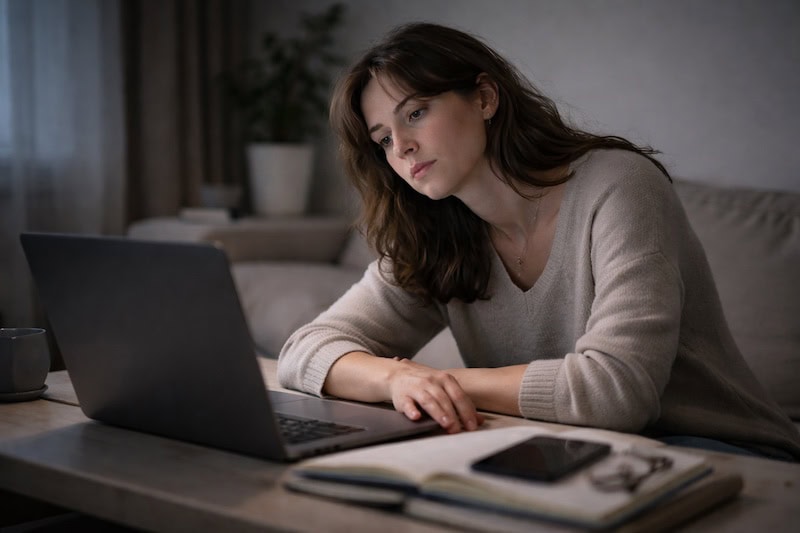 maintien-rythme-impossible-epuisement-croissant Personne épuisée assise devant un ordinateur portable, posture affaissée et regard fatigué, illustrant l’impossibilité de maintenir le rythme et l’épuisement croissant.