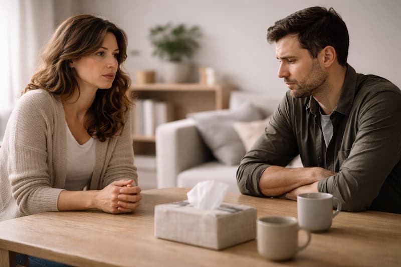 malentendu-deuil-besoin-communication Deux personnes assises face à face dans une ambiance calme mais tendue, illustrant un malentendu lié au deuil et la nécessité d’une communication bienveillante.