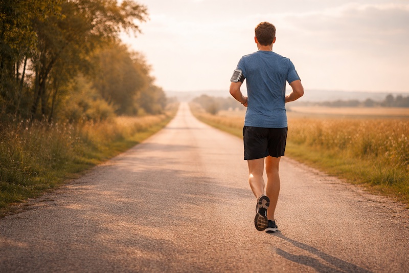 Coureur avançant à rythme constant sur une longue route dégagée, illustrant l’approche à long terme nécessaire au rôle de proche aidant auprès d’un jeune adulte vivant avec la sclérose en plaques.