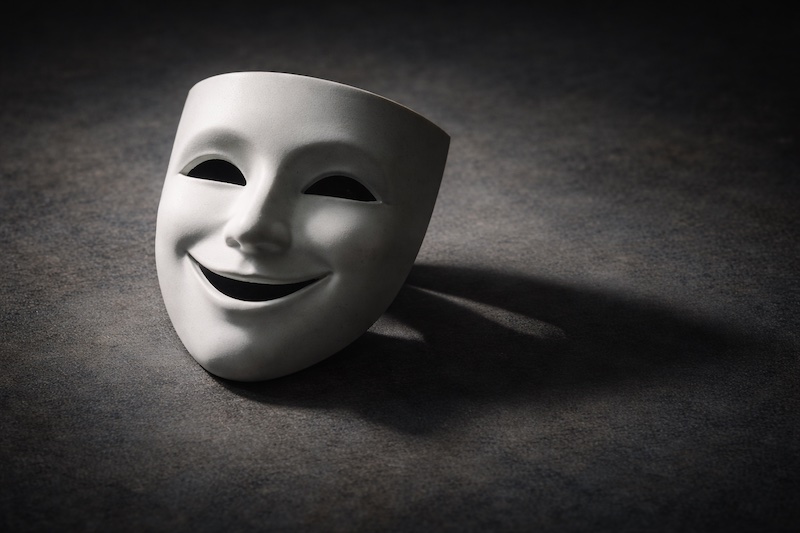 masque-social-sourire-apparent-sp Masque théâtral souriant posé sur une surface sombre, projetant une ombre marquée, symbolisant le masque social et le décalage entre l’apparence et le vécu intérieur après un diagnostic de sclérose en plaques.