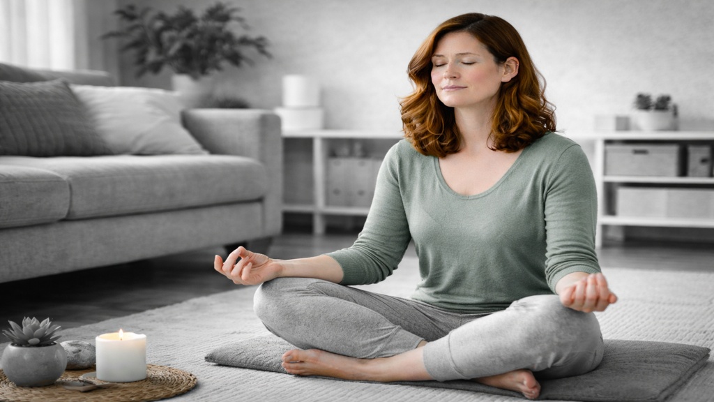Femme assise en tailleur sur un tapis, les yeux fermés et les mains détendues, pratiquant un moment de méditation et de pleine conscience dans un intérieur en noir et blanc, illustrant une approche calme et accessible du bien-être avec la SP.