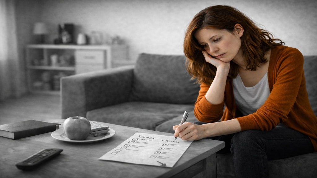 Femme assise à une table, tenant un stylo et cochant une liste de tâches, avec un repas simple devant elle, dans un intérieur en noir et blanc, illustrant les micro-décisions quotidiennes liées à la gestion de l’énergie avec la SP.
