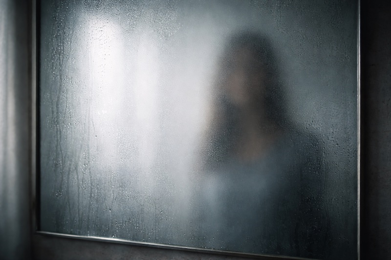 miroir-flou-realite-incertaine-sp Miroir légèrement flou ou embué laissant apparaître une silhouette indistincte, symbolisant la difficulté à percevoir clairement la réalité après un diagnostic de sclérose en plaques.