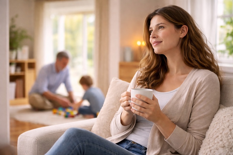 Parent assis calmement avec une tasse chaude près d’une fenêtre lumineuse, pendant qu’un proche joue avec un enfant en arrière-plan, illustrant un moment de répit rendu possible grâce au soutien.