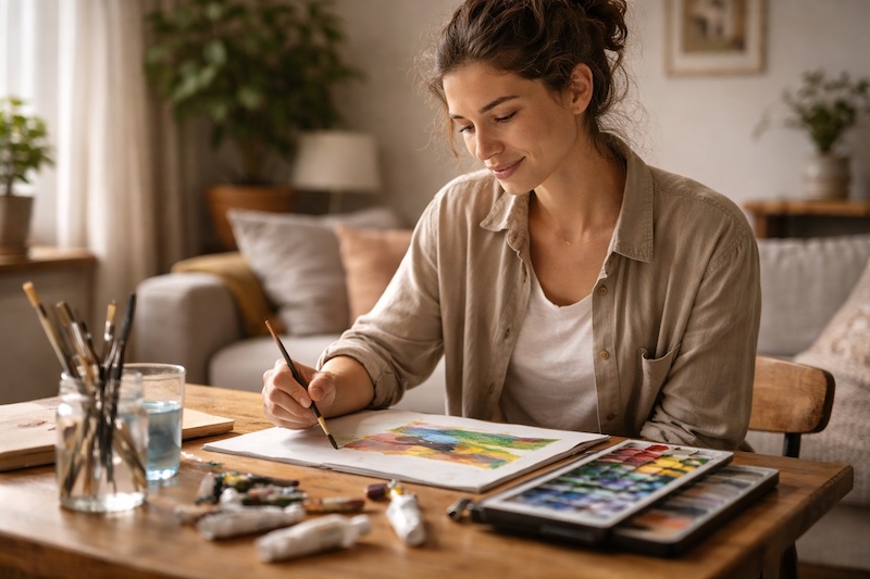 Jeune adulte explorant un nouveau hobby à la maison, expression curieuse et concentrée, illustrant la reconstruction personnelle après une perte d’emploi liée à la sclérose en plaques.