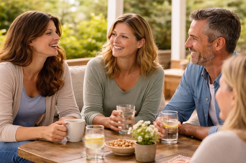 nouvelle-vie-sociale-equilibree-sp Petit groupe d’amis réunis dans une ambiance calme et lumineuse, sourires naturels et atmosphère détendue, illustrant une nouvelle vie sociale équilibrée et satisfaisante.