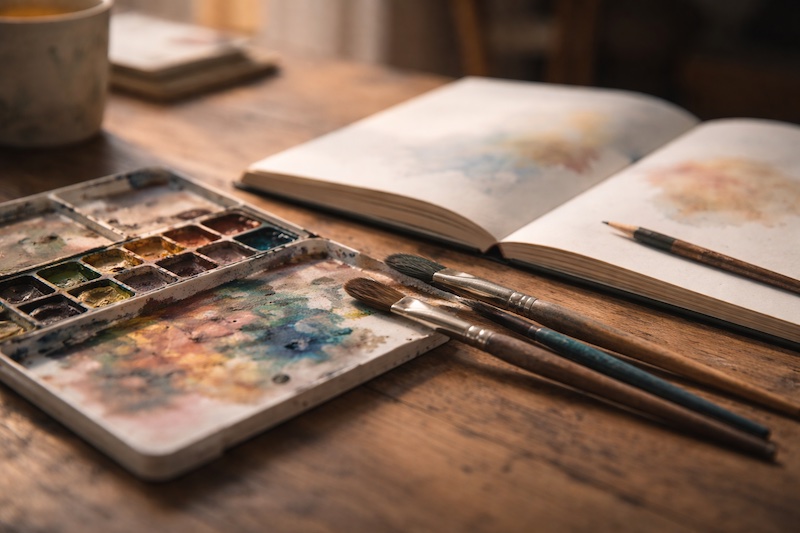 palette-pinceaux-creativite Palette de couleurs avec pinceaux posés à côté d’un carnet de croquis, éclairés par une lumière d’atelier, évoquant une créativité qui se poursuit malgré les changements.