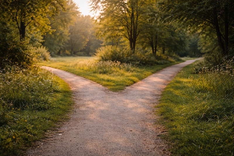 parcours-uniques-sp-chemins Deux chemins qui se séparent dans un parc au coucher du soleil, symbolisant les expériences uniques et les parcours différents vécus avec la sclérose en plaques.