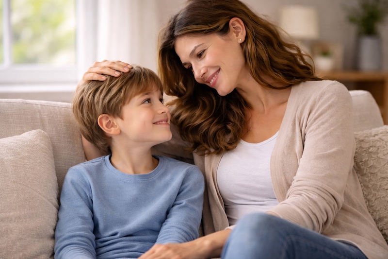 Parent et enfant assis l’un près de l’autre, échangeant un regard tendre et un sourire complice, illustrant un moment simple de connexion malgré la sclérose en plaques.