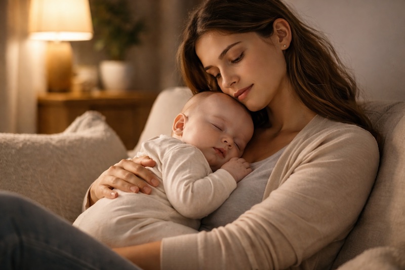 Parent assis dans un salon calme, regard fatigué mais soulagé, tenant un bébé endormi contre lui, illustrant l’épuisement et la tendresse dans un contexte de sclérose en plaques.