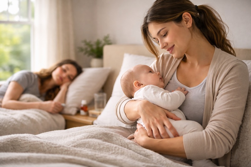 Parent allongé au lit, visiblement fatigué, pendant qu’un proche s’occupe doucement d’un bébé dans la même pièce, illustrant le soutien familial en contexte de sclérose en plaques.