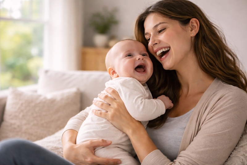 Parent riant aux éclats avec son bébé dans les bras, regard complice et moment de pure joie, illustrant la tendresse et la légèreté malgré la sclérose en plaques.
