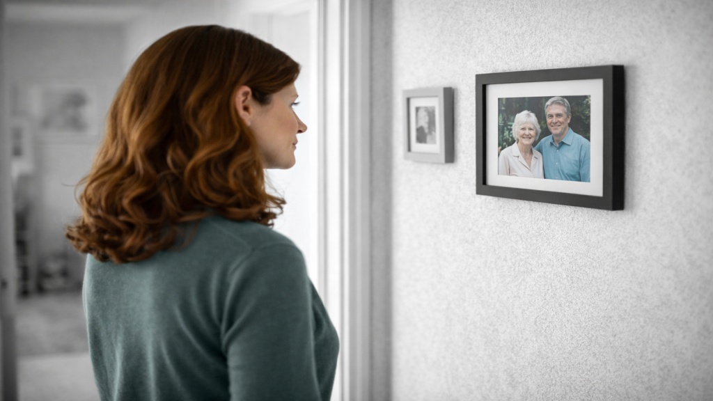 Femme debout dans un couloir, regardant un cadre accroché au mur contenant une photo de ses parents, dans un intérieur en noir et blanc, illustrant la réflexion et les émotions liées au diagnostic de la SP du point de vue des parents.