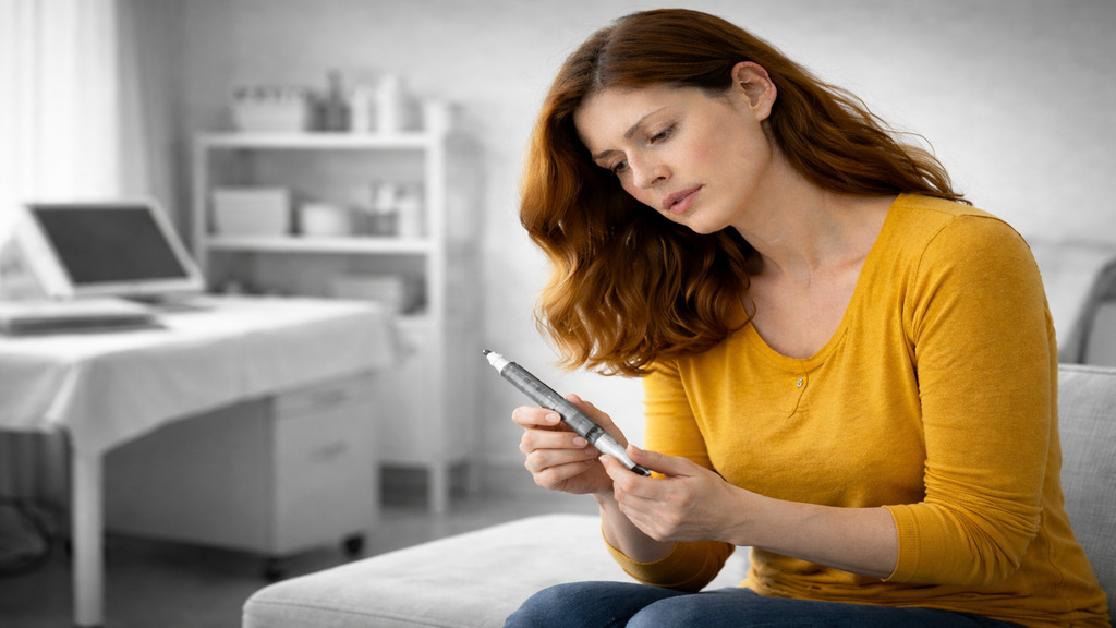 Sophie Martineau, représentée en couleur et assise dans un environnement médical, tient un auto-injecteur d’interféron bêta avec une expression mêlant appréhension et concentration, tandis que l’arrière-plan est en noir et blanc, évoquant la première injection dans le parcours de traitement de la sclérose en plaques.