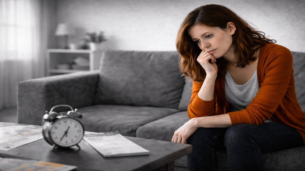 Femme assise sur un canapé, le menton appuyé sur une main, regard inquiet dirigé vers le vide, avec une horloge posée sur une table devant elle, dans un salon en noir et blanc, illustrant l’anxiété liée à la progression imprévisible de la SP.