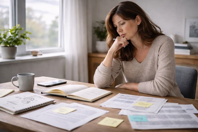 projets-futurs-incertains-conditions-multiples Personne pensive devant plusieurs documents et notes, illustrant des projets futurs incertains dépendant de multiples conditions et variables.