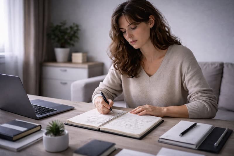 recherche-controle-perfectionnisme-compensatoire Personne concentrée et frustrée écrivant dans un carnet rempli de listes raturées, entourée de notes éparpillées, illustrant une colère diffuse et une rage désorganisée.