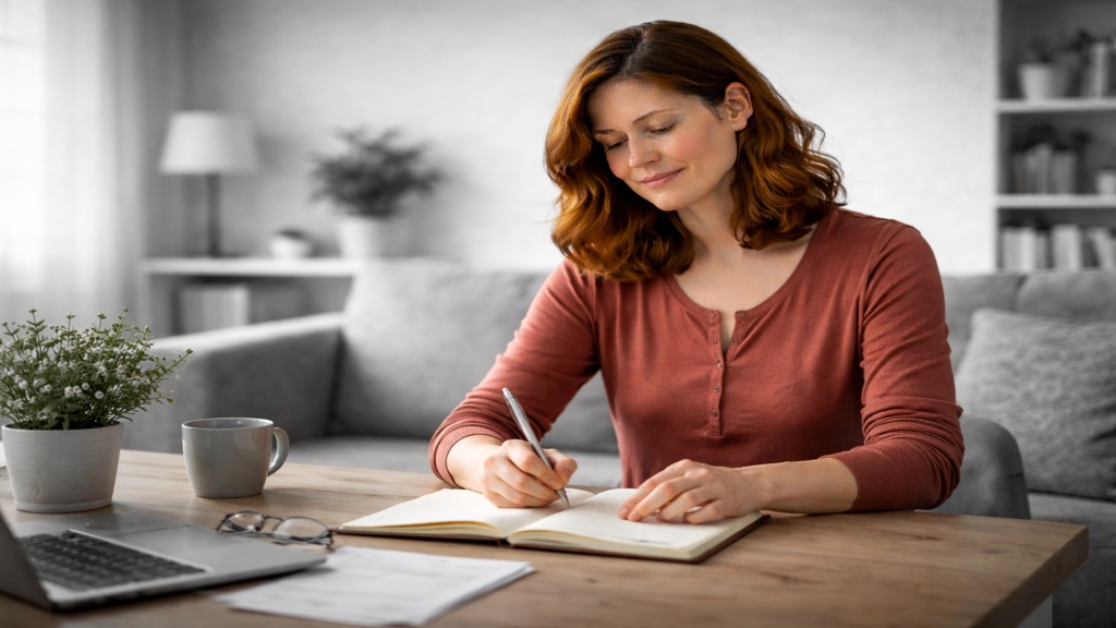 Femme assise à une table, écrivant calmement dans un carnet avec un léger sourire, dans un intérieur en noir et blanc, illustrant une définition personnelle et apaisée du succès dans le contexte de la SP.
