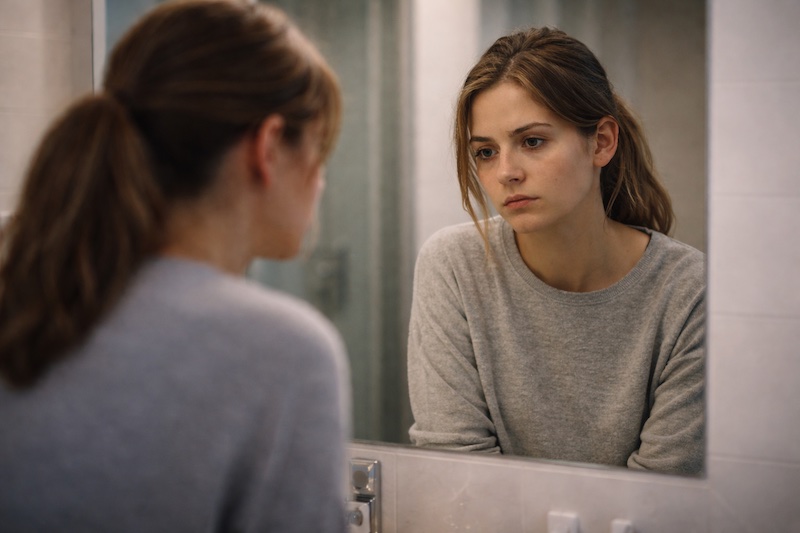 reflet-jeune-adulte-pensif Jeune adulte observant son reflet dans un miroir, expression pensive et légèrement triste, illustrant une introspection silencieuse et un sentiment de solitude intérieure.