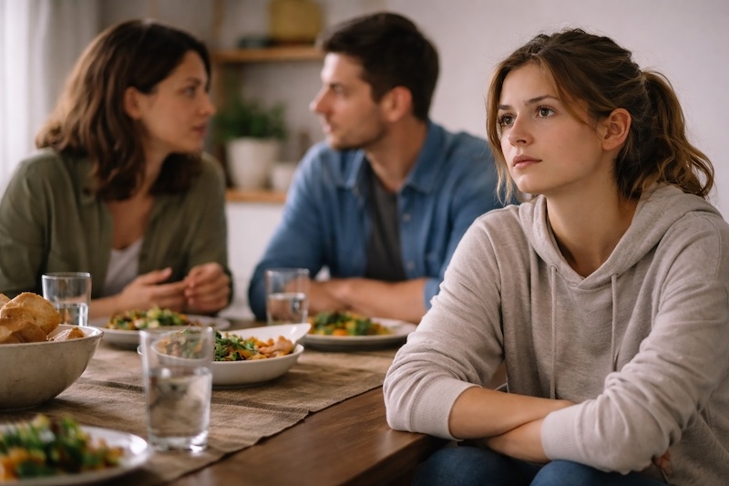 repas-famille-regard-ailleurs Famille réunie autour d’une table, deux adultes en discussion sérieuse tandis qu’une autre personne assise à proximité regarde ailleurs, suggérant un sentiment de déconnexion émotionnelle.