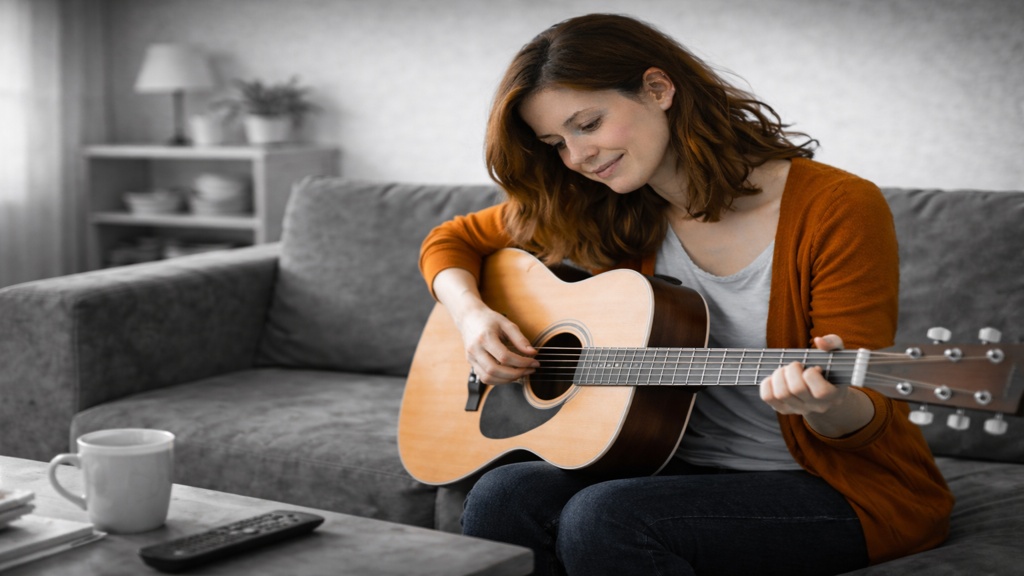 Femme assise sur un canapé, jouant calmement de la guitare, dans un salon en noir et blanc, illustrant la continuité de l’identité personnelle malgré la place prise par la SP.