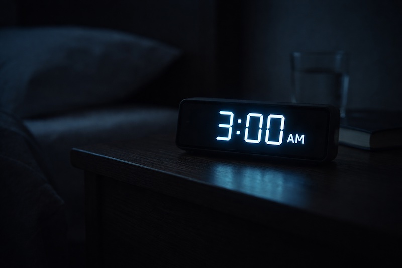 reveil-3h-insomnie-anxiete-sp Réveil digital affichant 3:00 AM dans une chambre sombre, éclairé par une lumière froide, illustrant l’insomnie et l’anxiété nocturne fréquentes après un diagnostic de sclérose en plaques.
