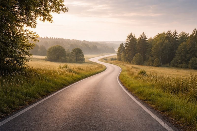 route-continue-absence-conclusion-finale Route s’étirant calmement vers l’horizon sans destination visible, illustrant un chemin de vie continu sans conclusion finale.
