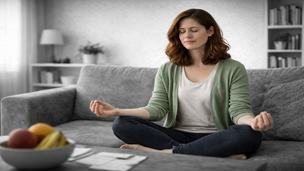 Femme assise en tailleur sur un canapé, les yeux fermés et les mains posées sur les genoux, pratiquant un moment de calme et de recentrage, dans un salon en noir et blanc, illustrant le bien-être et la santé mentale avec la SP.