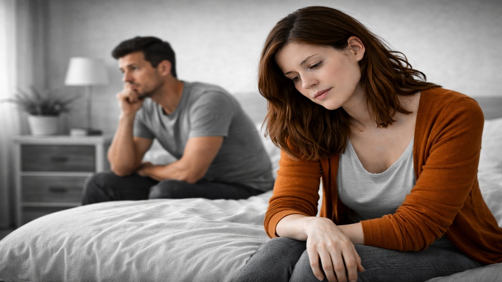 Femme assise sur un lit, regard baissé et posture pensive, tandis qu’un partenaire apparaît flouté à l’arrière-plan, dans une chambre en noir et blanc, illustrant les enjeux d’intimité et de sexualité liés à la SP.