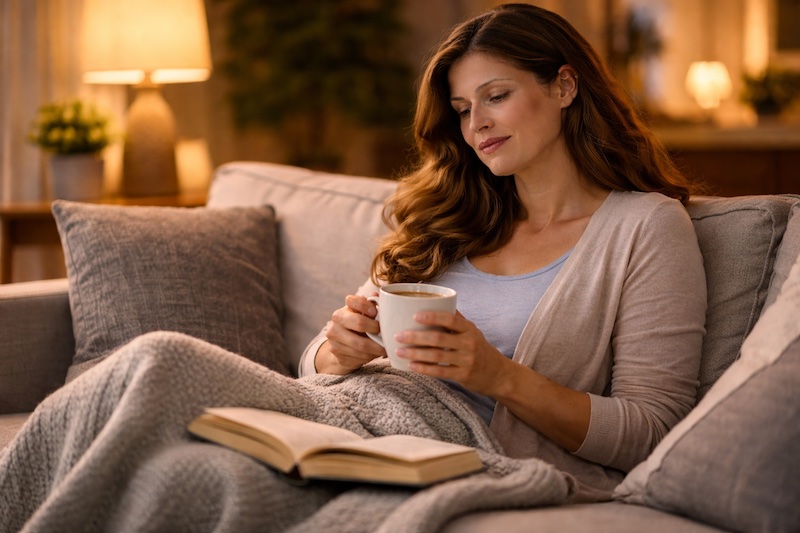 soiree-tranquille-plaisir-simple-sp Personne confortablement installée chez elle en soirée avec une boisson chaude et un livre, illustrant le plaisir simple d’une soirée tranquille assumée.