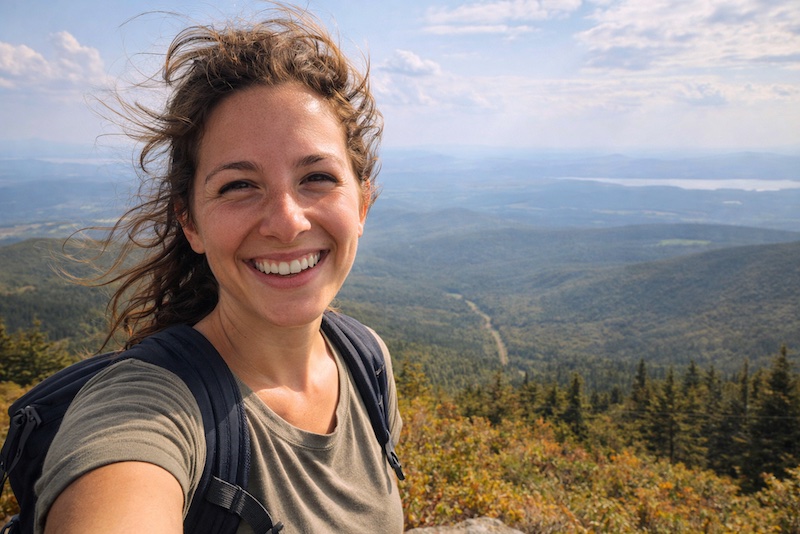 sommet-mont-megantic-ete-2020-randonnee-joie-ancienne-vie Femme souriante au sommet du Mont Mégantic après une randonnée estivale, incarnant un moment de liberté et de vitalité avant une profonde transition de vie.