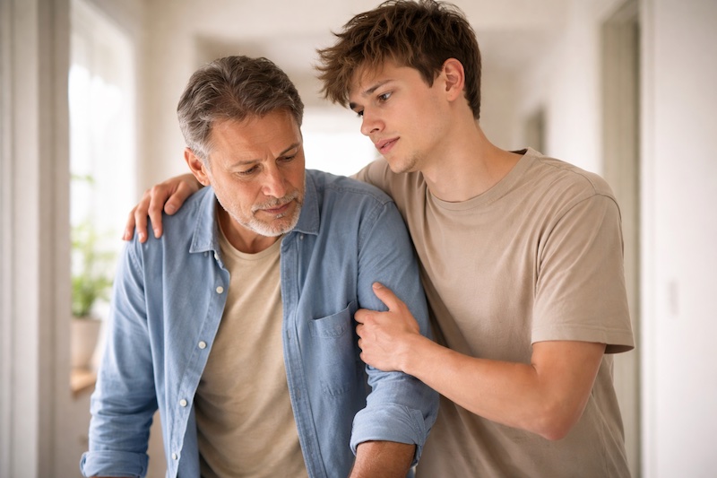 soutien-adolescent-parent-sp Adolescent aidant son parent à marcher, montrant une expression mêlant tendresse, responsabilité et fatigue dans un moment du quotidien.