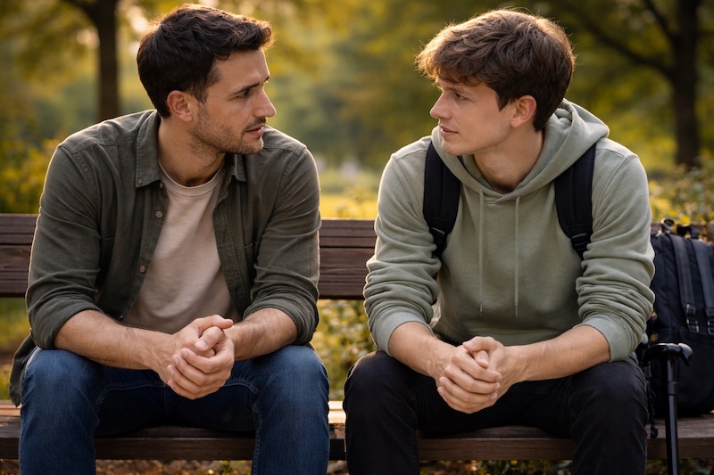 soutien-mutuel-amis-sp-conversation Deux jeunes adultes assis face à face dans un parc, engagés dans une conversation profonde et bienveillante, illustrant le soutien mutuel dans un contexte de sclérose en plaques.