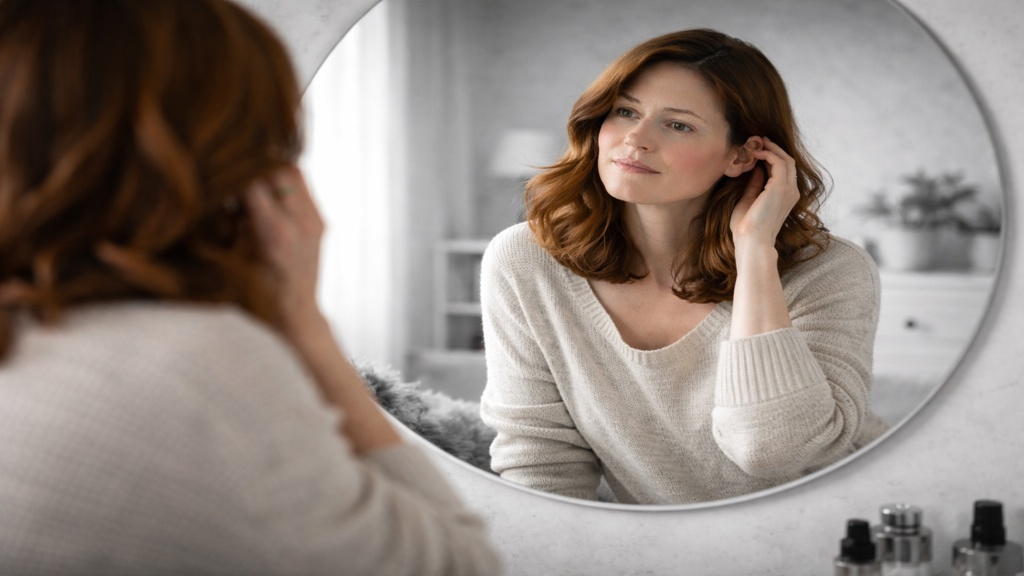 Femme regardant son reflet dans un miroir rond, ajustant légèrement ses cheveux, dans un intérieur en noir et blanc, illustrant un questionnement identitaire et la continuité de soi dans le contexte de la SP.