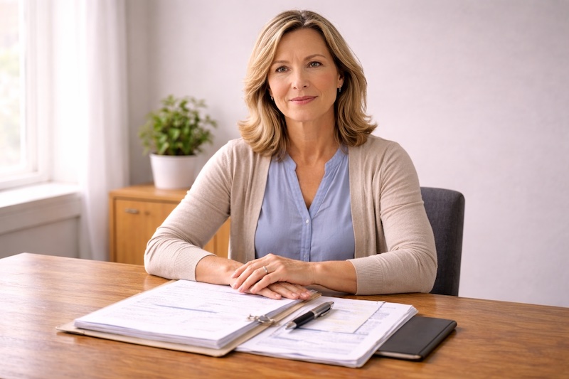 Personne assise calmement à une table avec documents administratifs devant elle, posture droite et regard apaisé, illustrant l’acceptation d’une aide tout en conservant sa dignité.