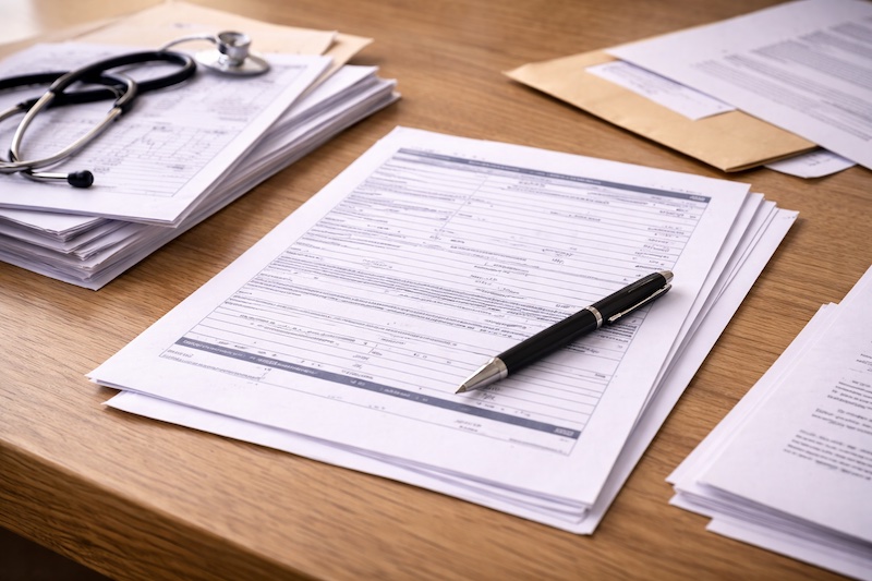 Formulaire administratif accompagné de documents médicaux et d’un stylo sur un bureau, illustrant les pièces justificatives requises pour des prestations.