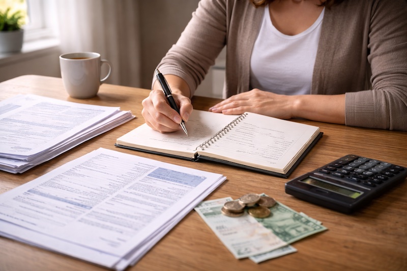 Personne consultant un budget sur une table avec calculatrice et relevés, lumière douce, illustrant une aide financière temporaire entre deux emplois.
