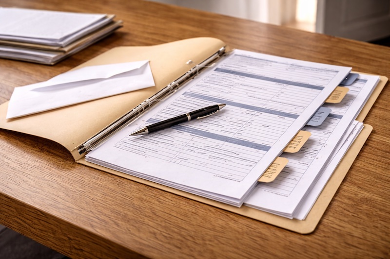 Documents fiscaux organisés en différentes étapes avec dossier ouvert et stylo, illustrant les recours disponibles dans un processus d’appel fiscal.