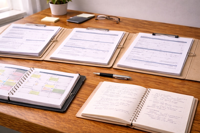 Plusieurs dossiers administratifs ouverts et organisés sur un bureau avec notes et calendrier, illustrant une stratégie globale de démarches coordonnées.