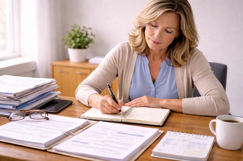Personne prenant des notes dans un carnet avec documents administratifs ouverts devant elle, illustrant un apprentissage continu et une adaptation au système.