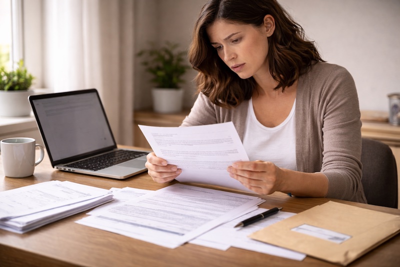 Personne assise à un bureau consultant des documents liés à des prestations temporaires, avec ordinateur portable et papiers administratifs.
