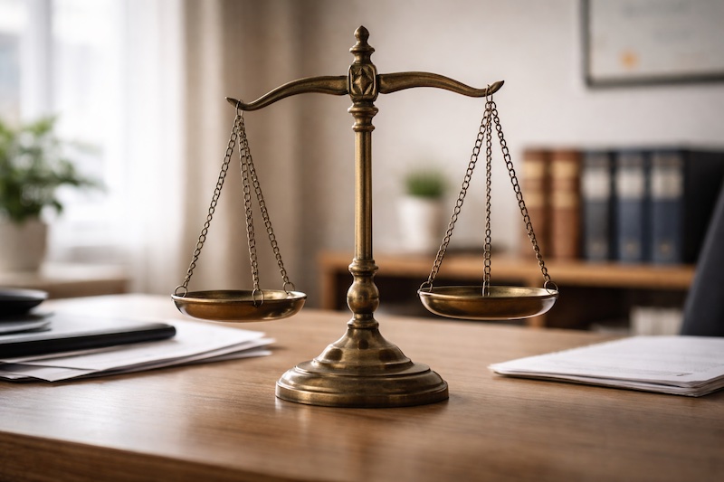 Balance de justice posée sur un bureau, symbolisant l’équilibre entre contrainte excessive pour l’employeur et besoin légitime d’accommodement.