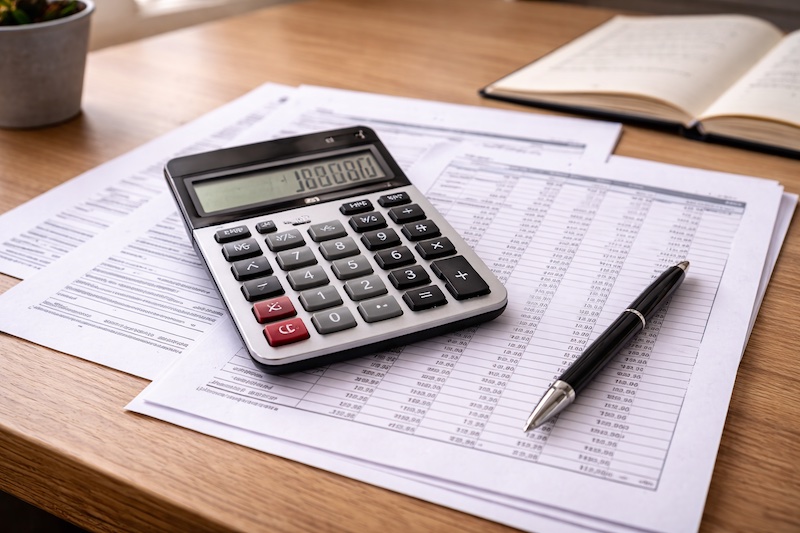 Calculatrice posée sur des documents financiers avec chiffres et colonnes, illustrant le calcul d’un montant de prestation.