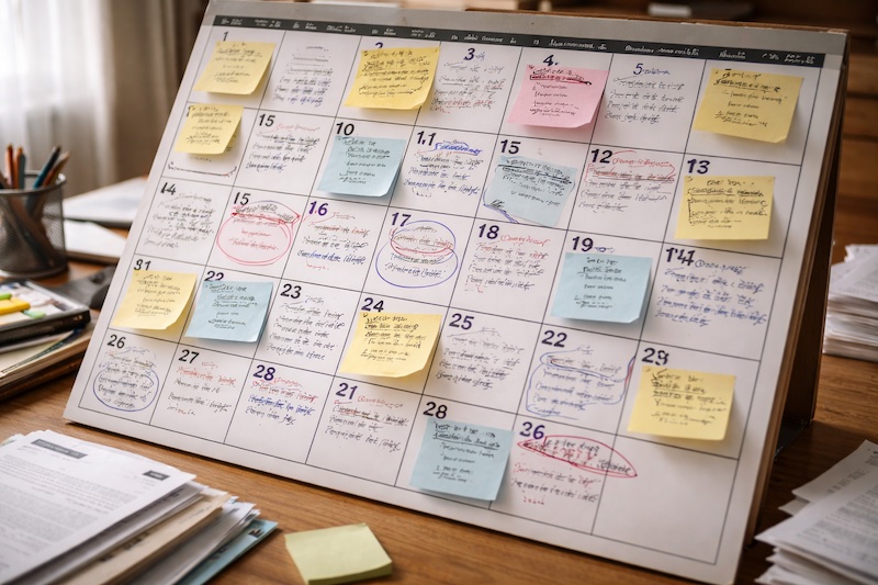 Calendrier mural rempli de notes manuscrites et de rappels liés à des démarches administratives, évoquant une charge mentale importante.