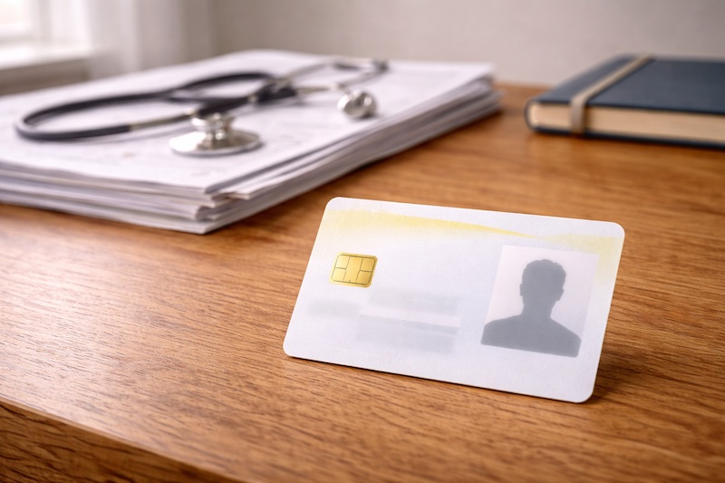 Carte d’assurance maladie posée sur un bureau avec documents médicaux flous en arrière-plan, illustrant la couverture des services assurés.